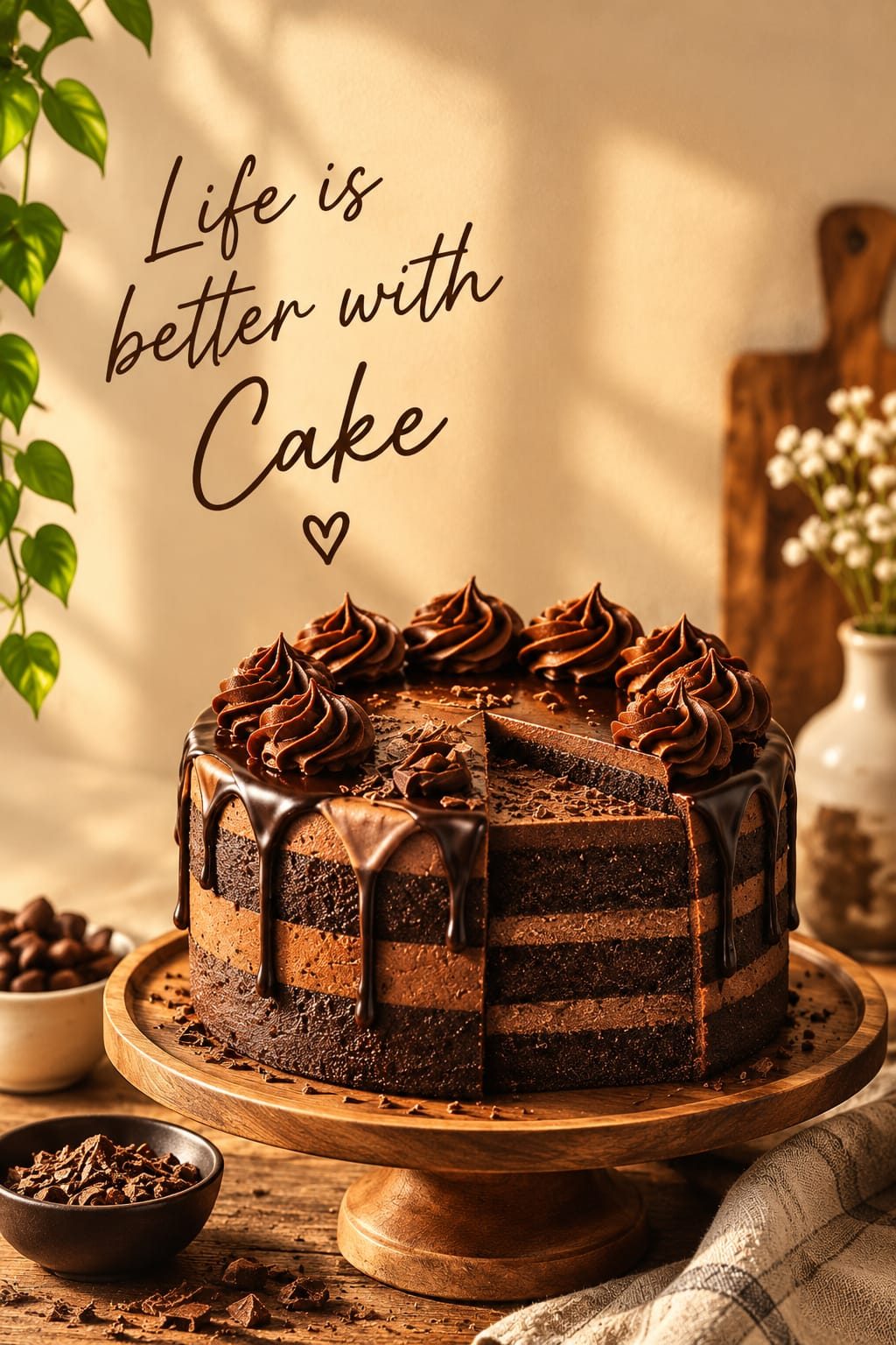 A chocolate layer cake on a wooden stand with a slice cut away, showing the layers, topped with piped rosettes and a dark chocolate drip