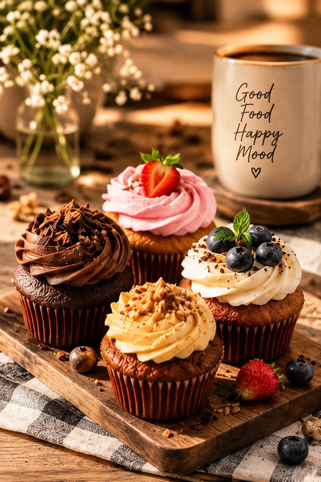 Four cupcakes on a wooden board — chocolate, strawberry, vanilla with blueberries, and caramel with chopped nuts — beside a cup of black coffee