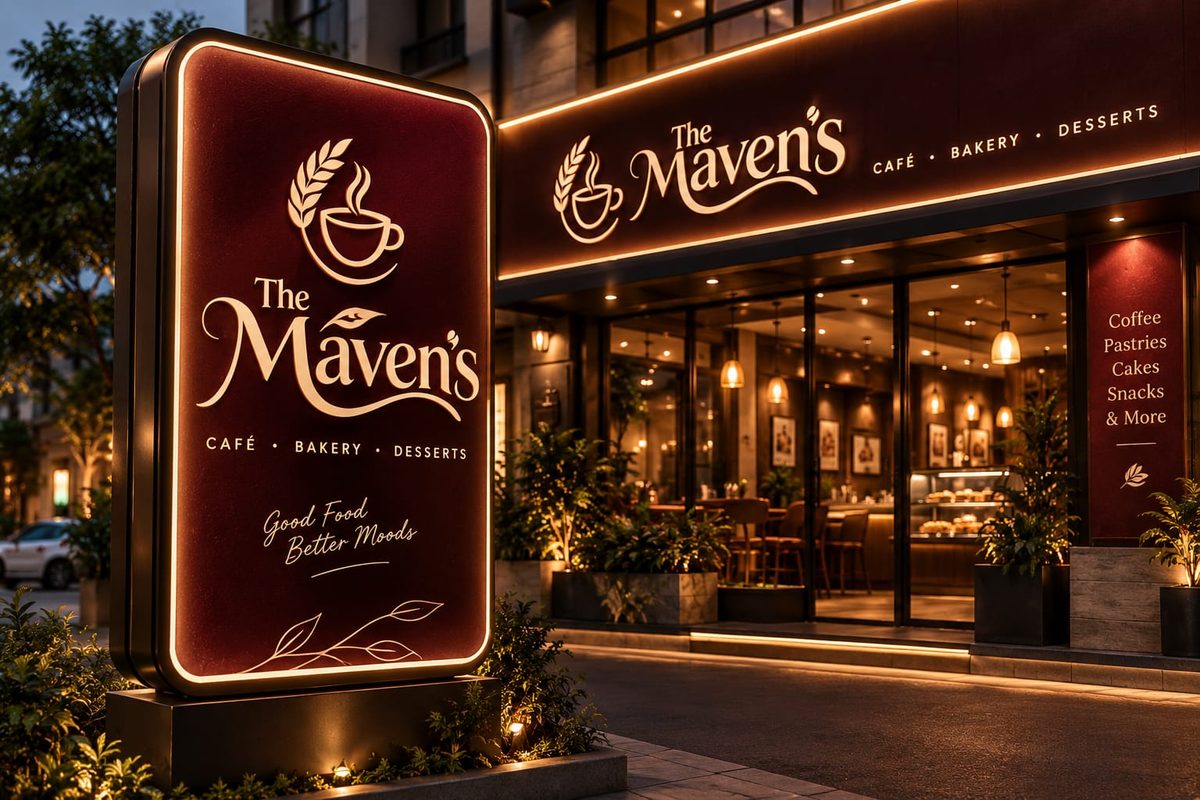 The freestanding pylon sign lit at dusk beside the glazed frontage, warm light spilling out from the counter inside